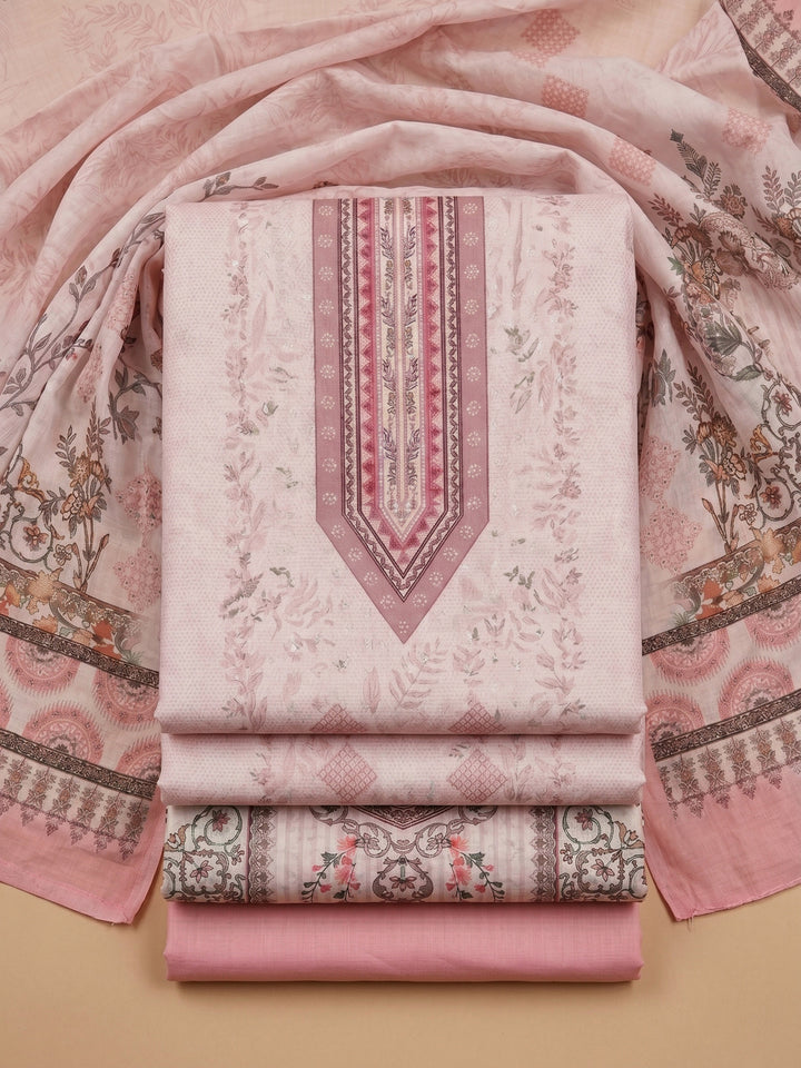 Peach Printed Cotton Blend Unstitched Suit &amp; Pant With Cotton Dupatta