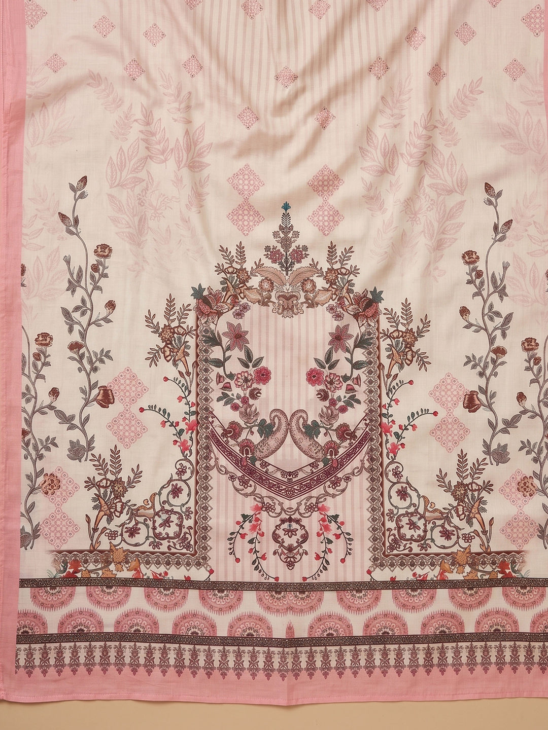 Peach Printed Cotton Blend Unstitched Suit &amp; Pant With Cotton Dupatta