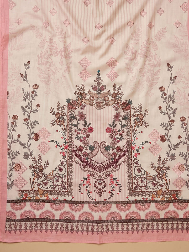 Peach Printed Cotton Blend Unstitched Suit &amp; Pant With Cotton Dupatta
