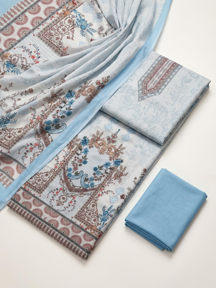 Sky Blue Printed Cotton Blend Unstitched Suit &amp; Pant With Cotton Dupatta