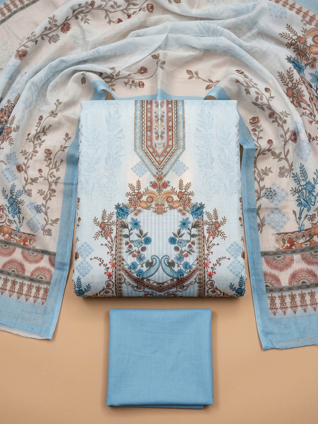 Sky Blue Printed Cotton Blend Unstitched Suit &amp; Pant With Cotton Dupatta