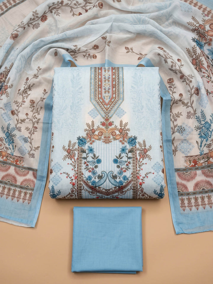 Sky Blue Printed Cotton Blend Unstitched Suit &amp; Pant With Cotton Dupatta