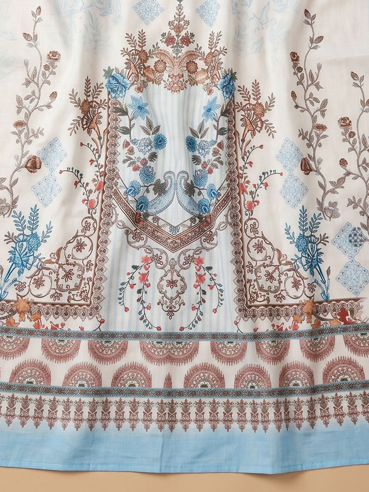 Sky Blue Printed Cotton Blend Unstitched Suit &amp; Pant With Cotton Dupatta