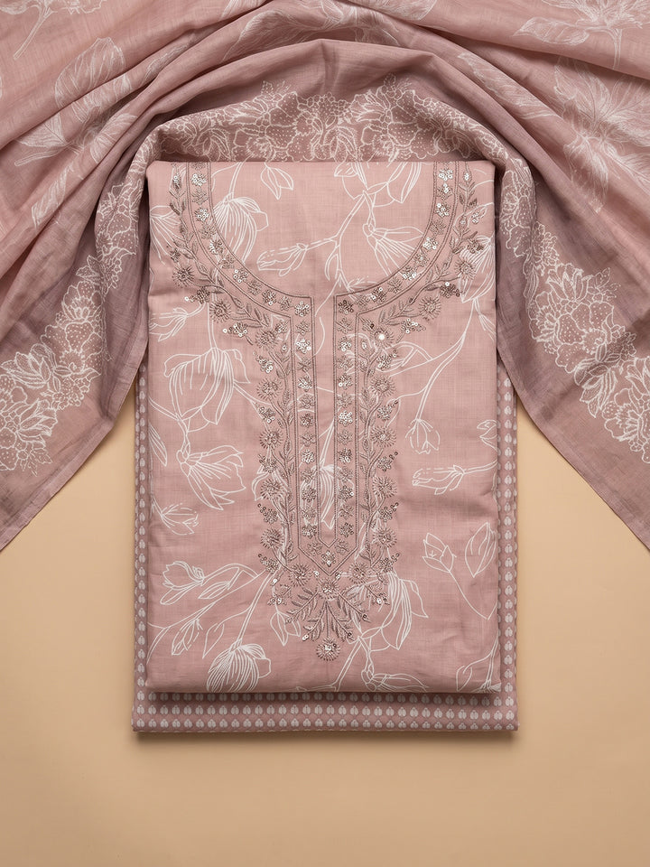 Dusty Pink Embroidered Cotton Blend Unstitched Suit With Pant &amp; Dupatta