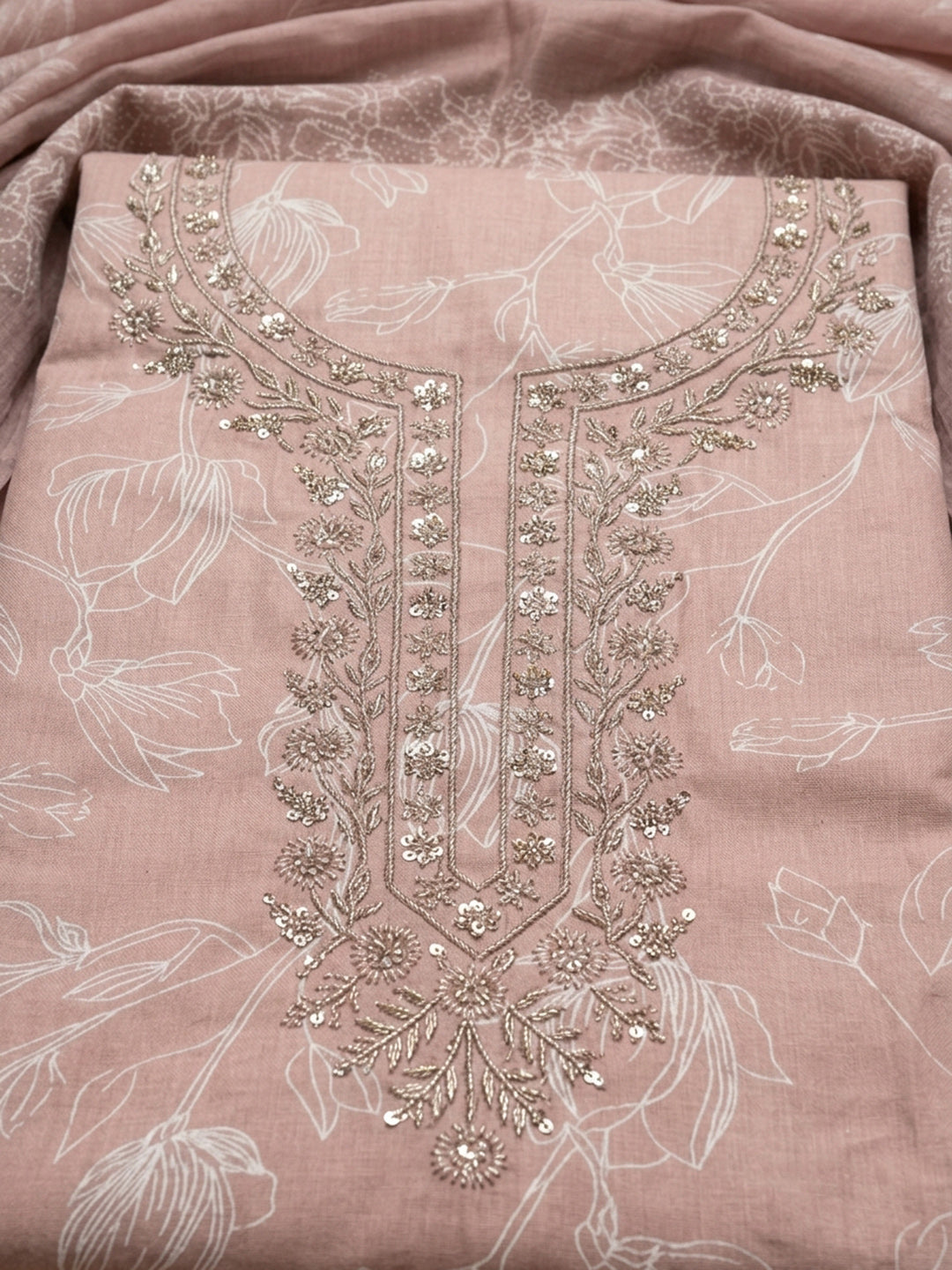 Dusty Pink Embroidered Cotton Blend Unstitched Suit With Pant &amp; Dupatta