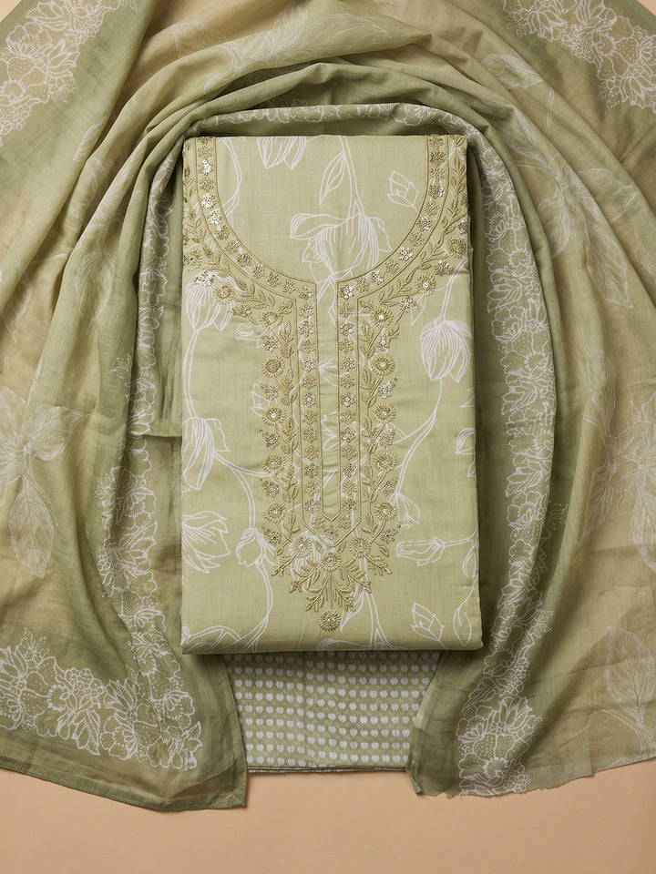 Olive Green Embroidered Cotton Blend Unstitched Suit With Pant &amp; Dupatta