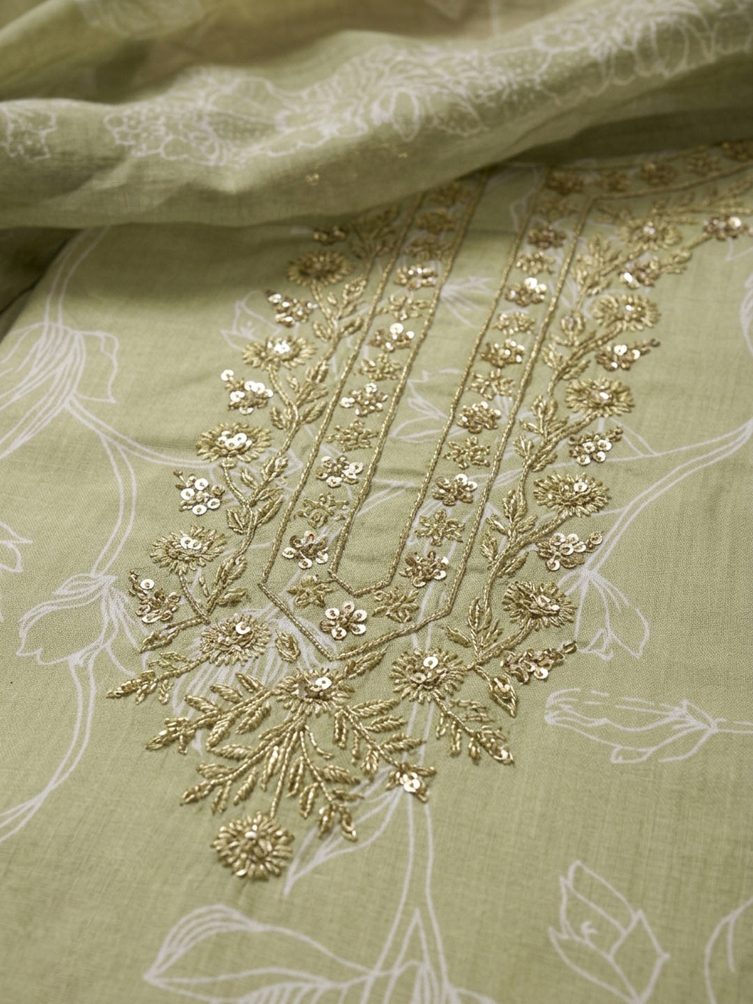 Olive Green Embroidered Cotton Blend Unstitched Suit With Pant &amp; Dupatta