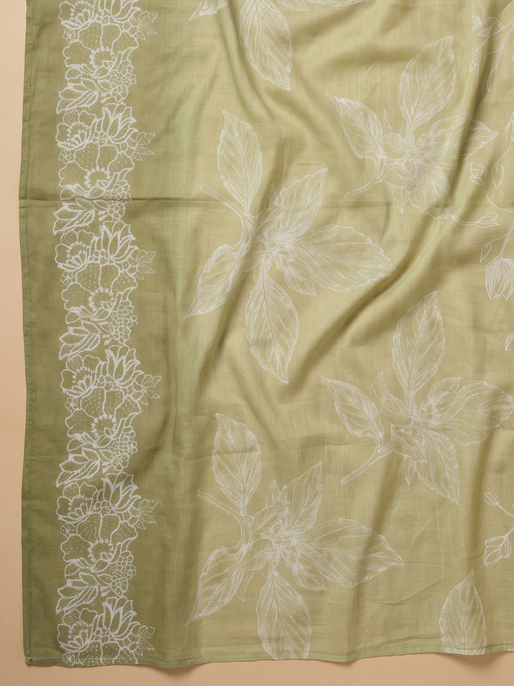 Olive Green Embroidered Cotton Blend Unstitched Suit With Pant &amp; Dupatta