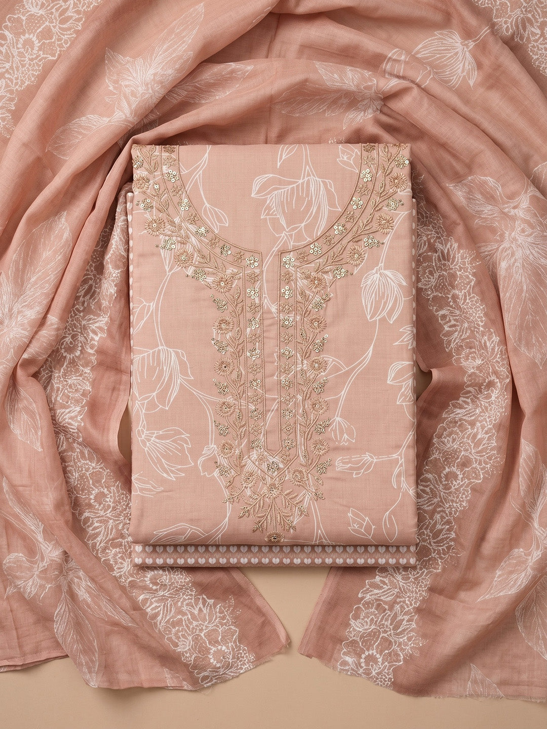 Peach Embroidered Cotton Blend Unstitched Suit With Pant &amp; Dupatta