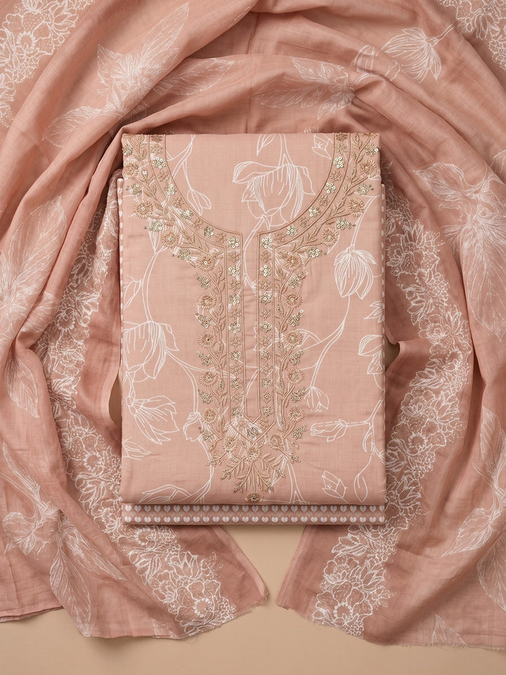 Peach Embroidered Cotton Blend Unstitched Suit With Pant &amp; Dupatta