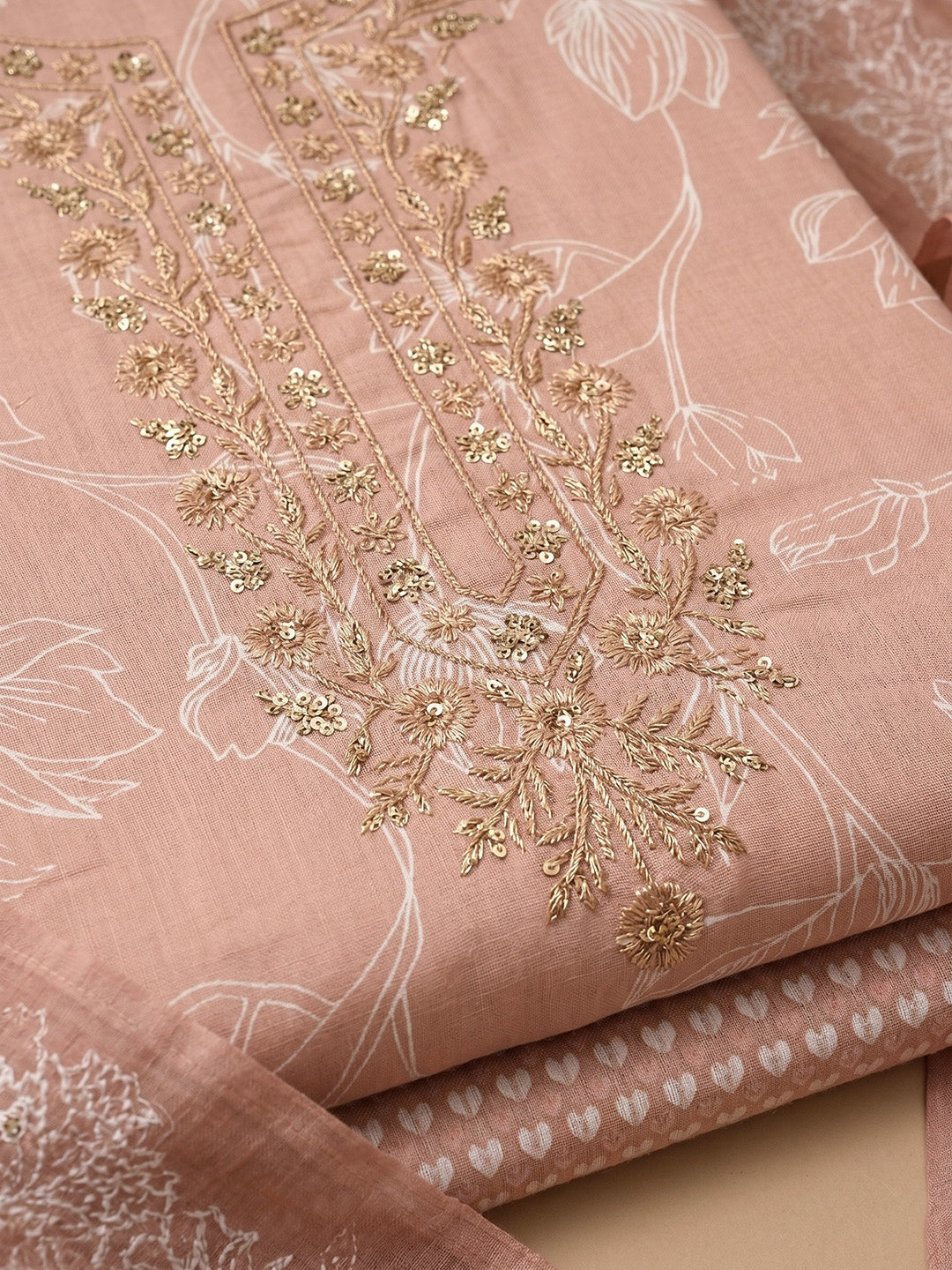 Peach Embroidered Cotton Blend Unstitched Suit With Pant &amp; Dupatta