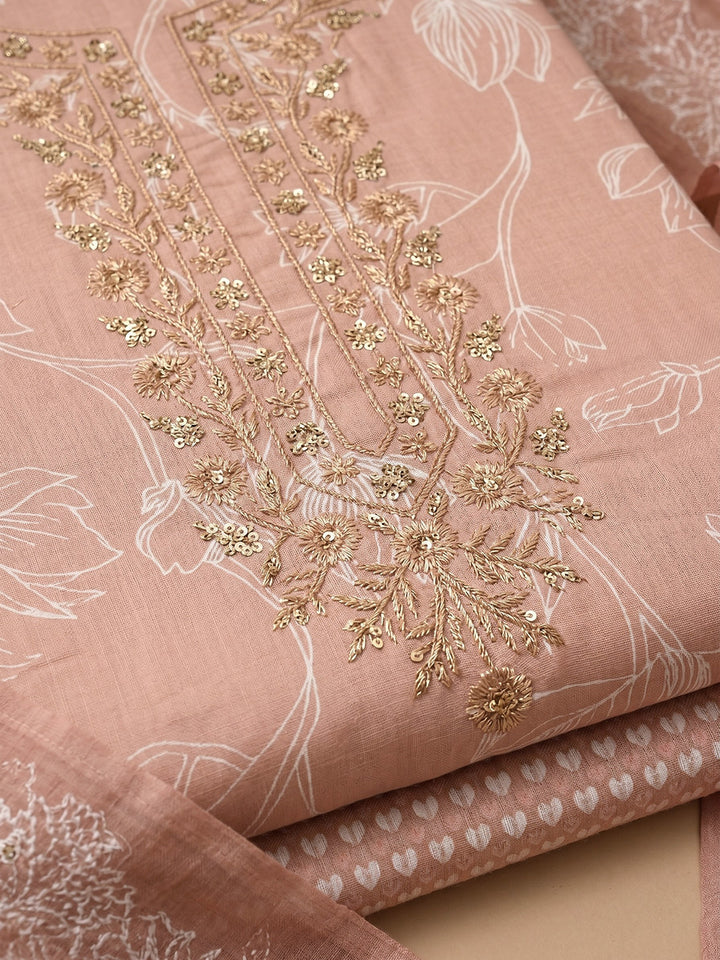 Peach Embroidered Cotton Blend Unstitched Suit With Pant &amp; Dupatta