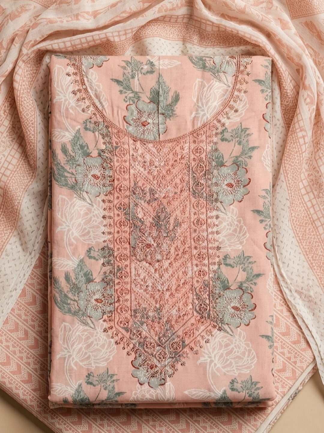 Peach Printed Cotton Blend Unstitched Suit With Pant &amp; Dupatta