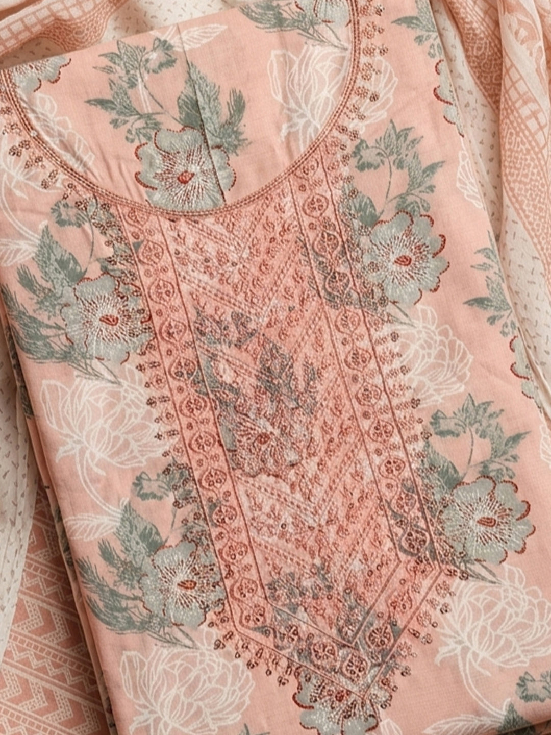 Peach Printed Cotton Blend Unstitched Suit With Pant &amp; Dupatta