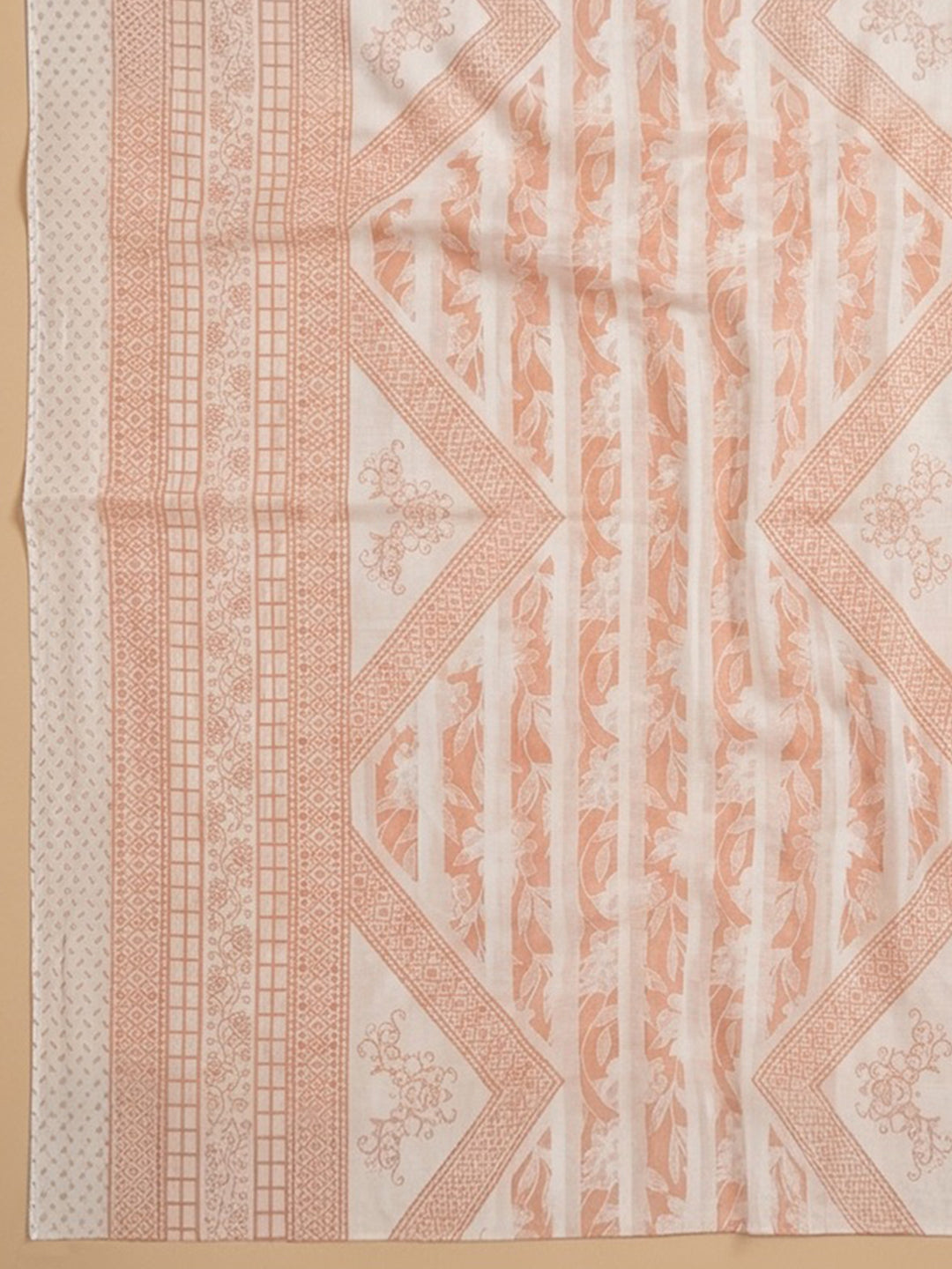 Peach Printed Cotton Blend Unstitched Suit With Pant &amp; Dupatta