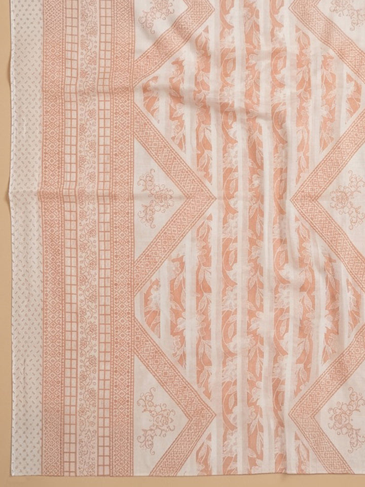 Peach Printed Cotton Blend Unstitched Suit With Pant &amp; Dupatta