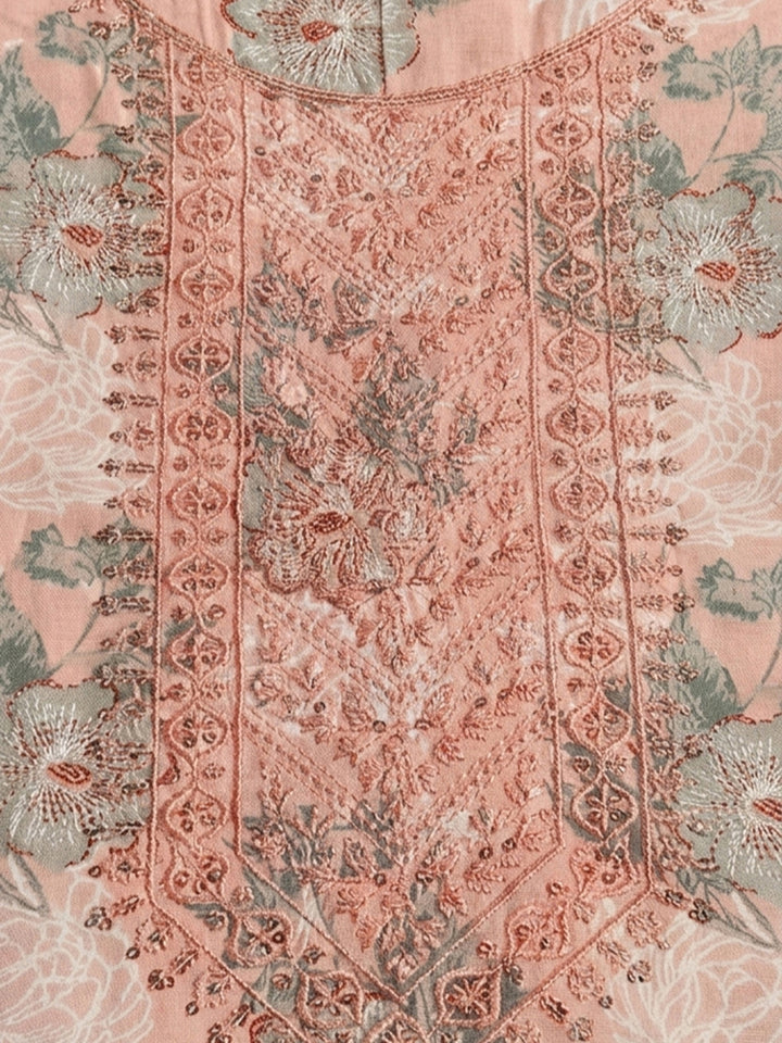 Peach Printed Cotton Blend Unstitched Suit With Pant &amp; Dupatta