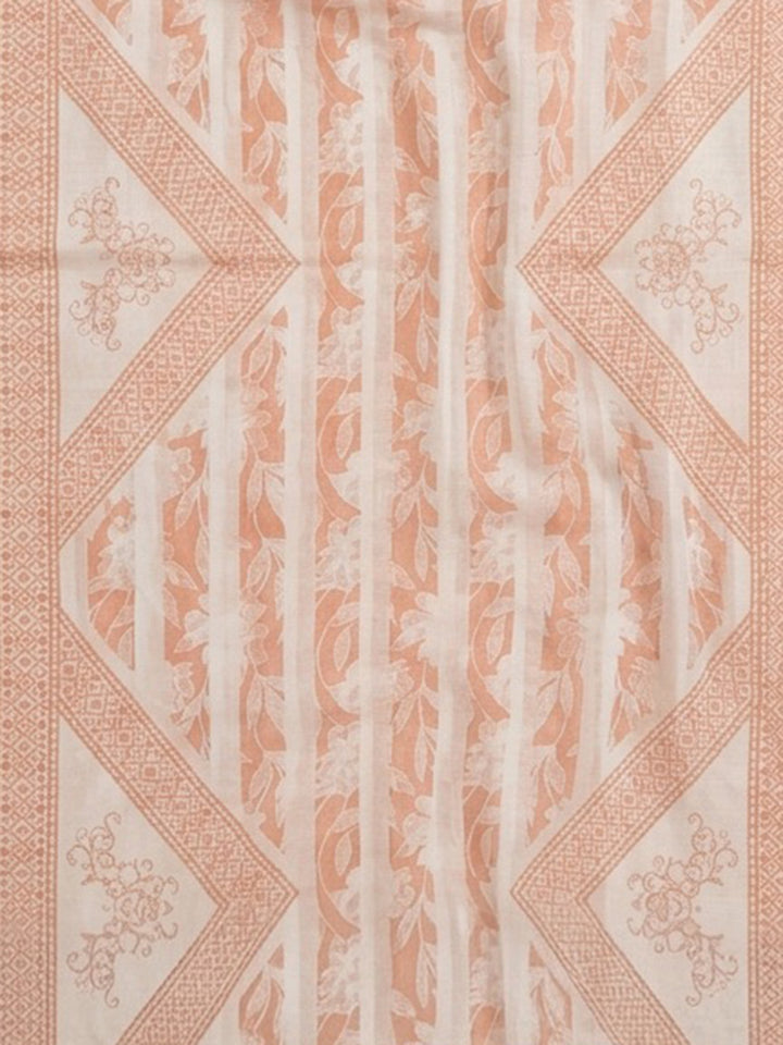 Peach Printed Cotton Blend Unstitched Suit With Pant &amp; Dupatta