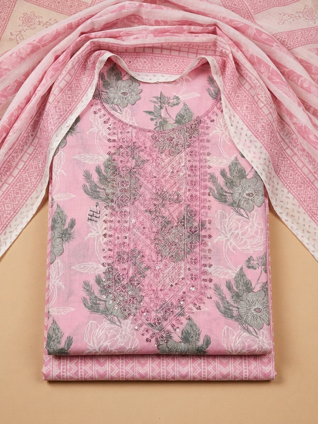 Pink Printed Cotton Blend Unstitched Suit With Pant &amp; Dupatta
