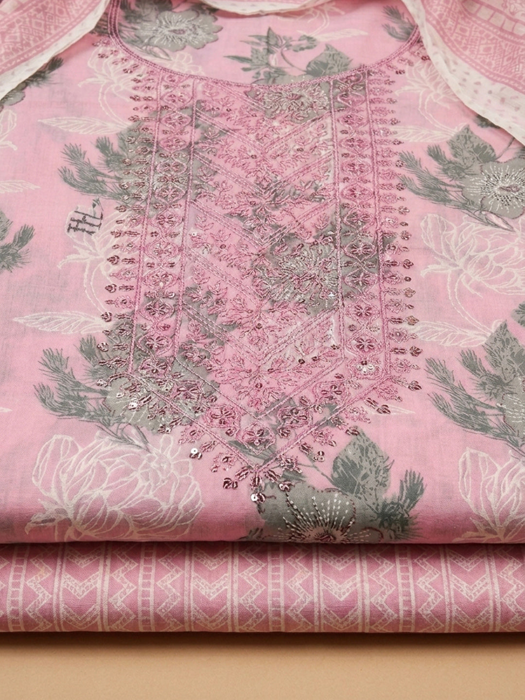 Pink Printed Cotton Blend Unstitched Suit With Pant &amp; Dupatta