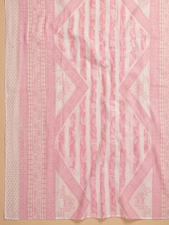 Pink Printed Cotton Blend Unstitched Suit With Pant &amp; Dupatta