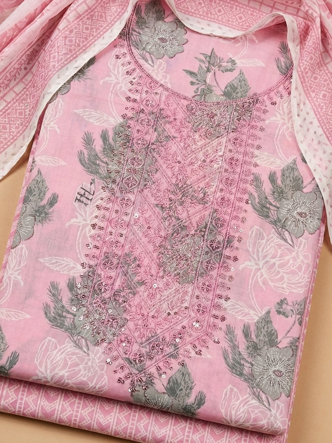 Pink Printed Cotton Blend Unstitched Suit With Pant &amp; Dupatta
