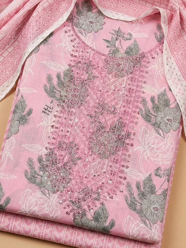 Pink Printed Cotton Blend Unstitched Suit With Pant &amp; Dupatta