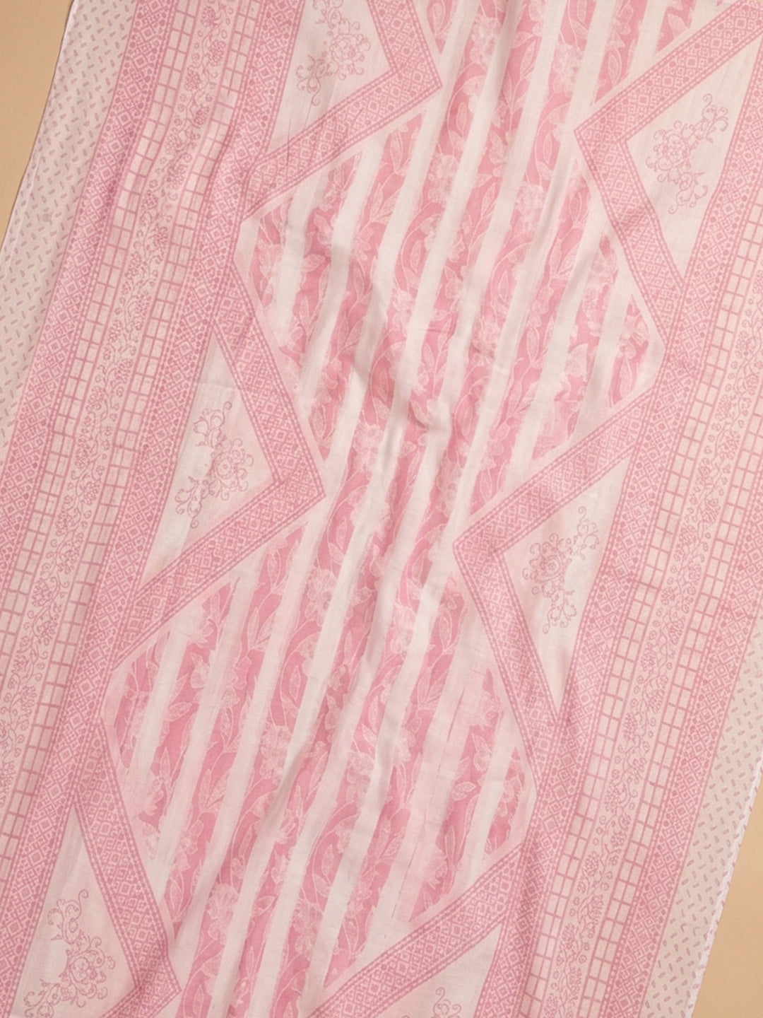 Pink Printed Cotton Blend Unstitched Suit With Pant &amp; Dupatta