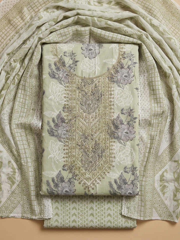 Pista Green Printed Cotton Blend Unstitched Suit With Pant &amp; Dupatta
