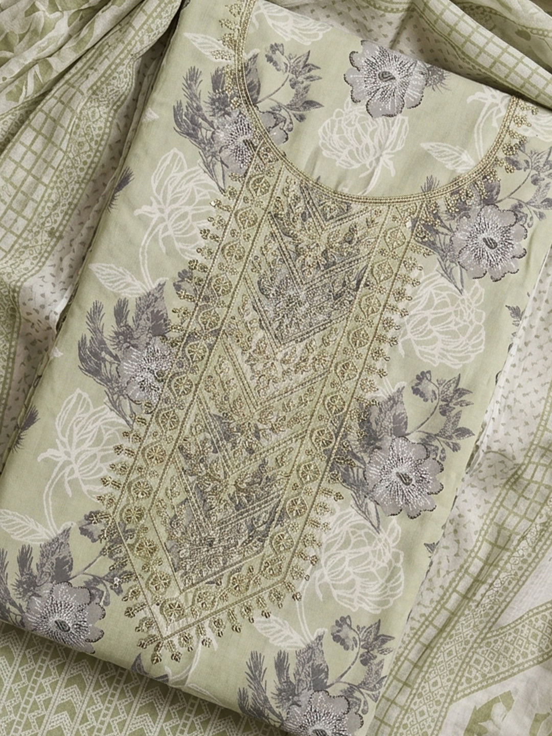 Pista Green Printed Cotton Blend Unstitched Suit With Pant &amp; Dupatta