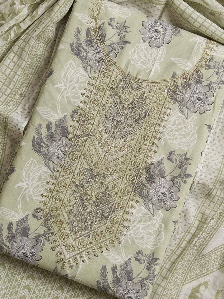 Pista Green Printed Cotton Blend Unstitched Suit With Pant &amp; Dupatta