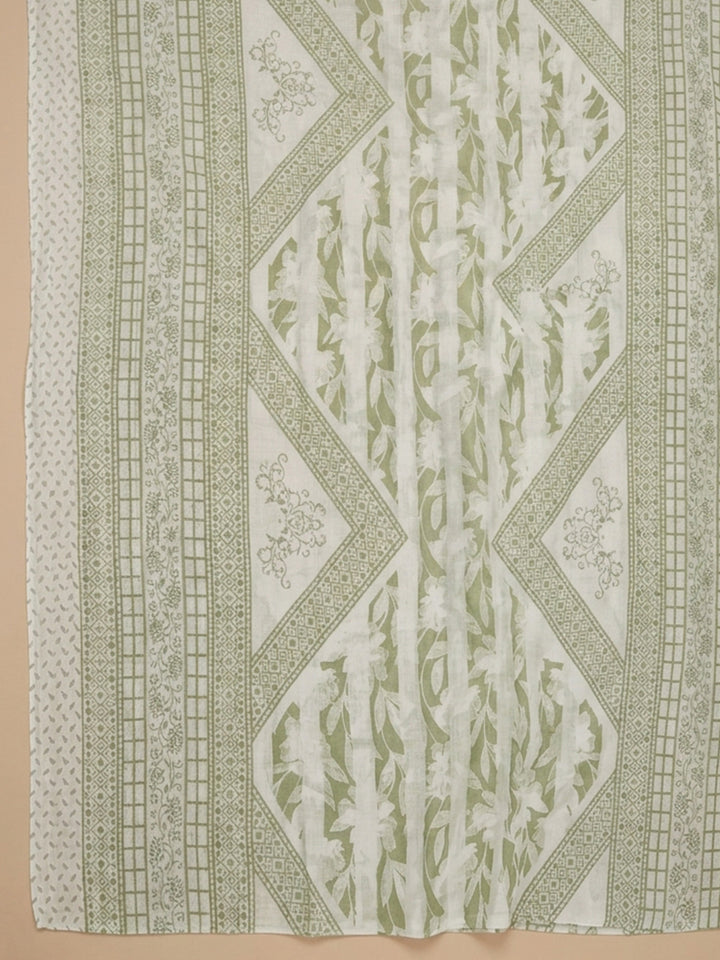 Pista Green Printed Cotton Blend Unstitched Suit With Pant &amp; Dupatta