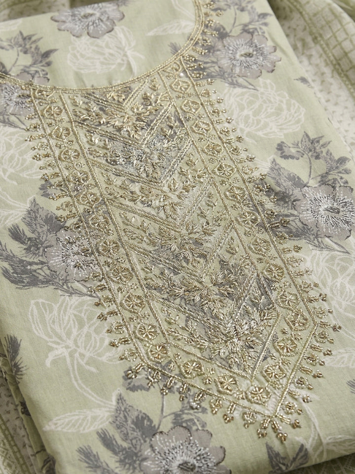 Pista Green Printed Cotton Blend Unstitched Suit With Pant &amp; Dupatta