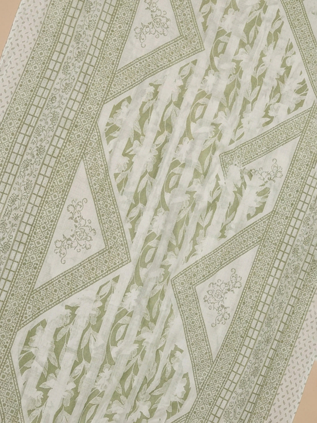Pista Green Printed Cotton Blend Unstitched Suit With Pant &amp; Dupatta
