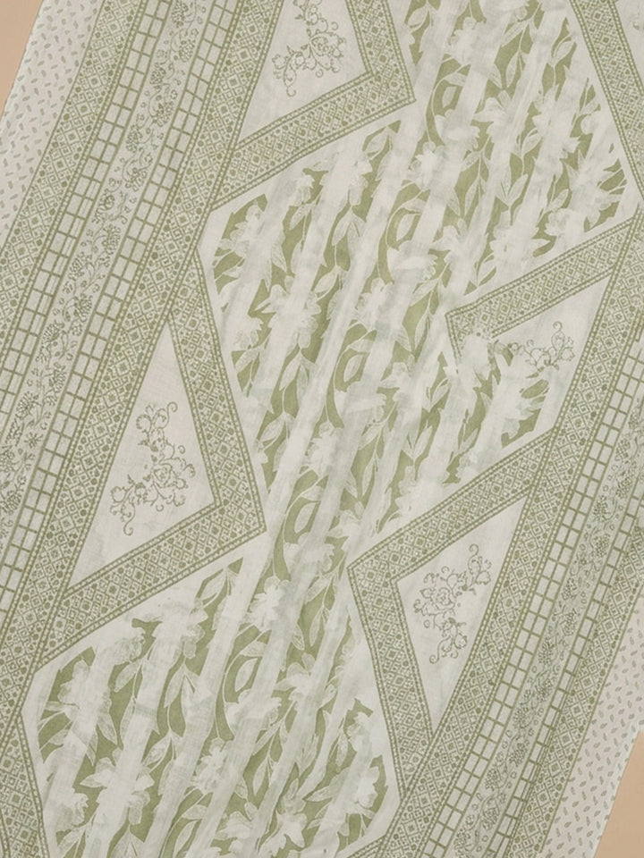 Pista Green Printed Cotton Blend Unstitched Suit With Pant &amp; Dupatta