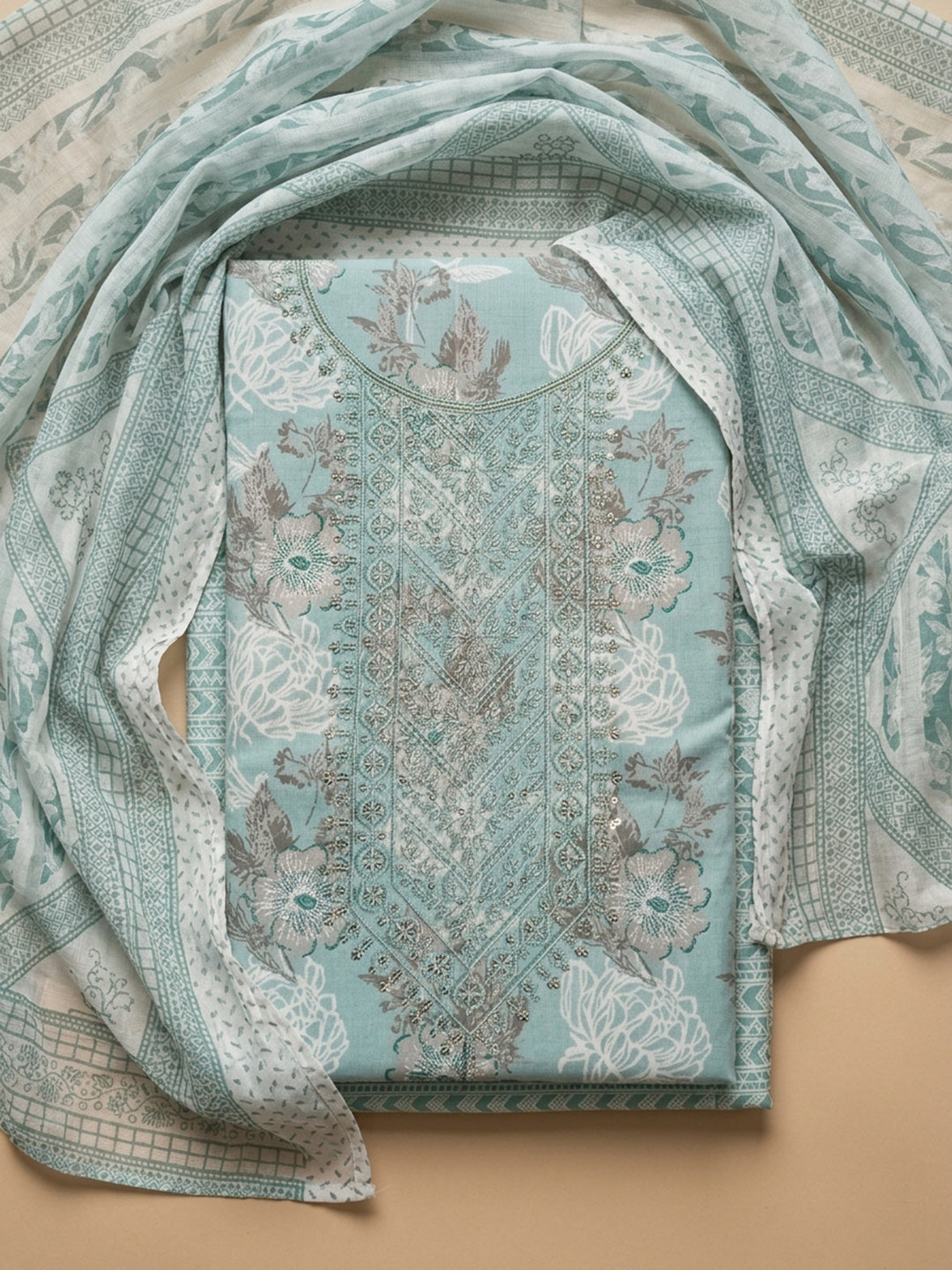 Sea Green Printed Cotton Blend Unstitched Suit With Pant &amp; Dupatta