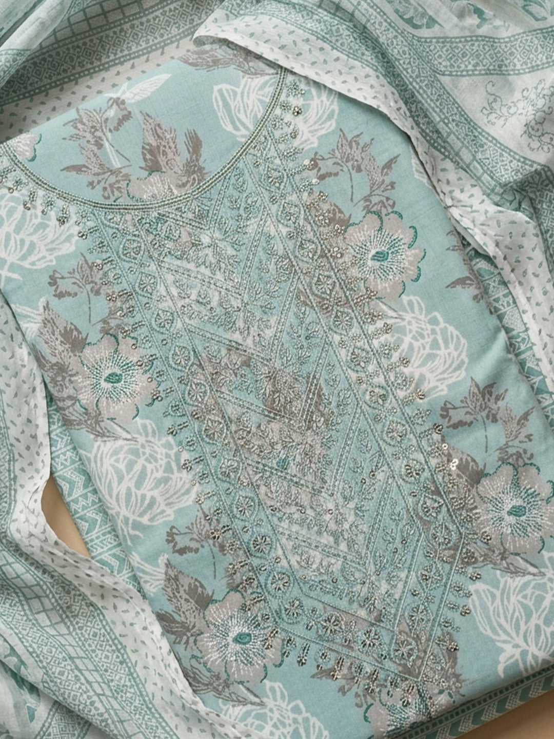 Sea Green Printed Cotton Blend Unstitched Suit With Pant &amp; Dupatta