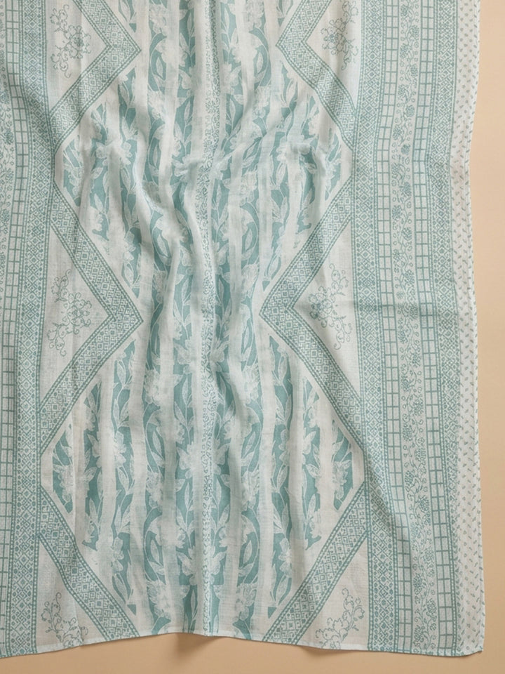 Sea Green Printed Cotton Blend Unstitched Suit With Pant &amp; Dupatta