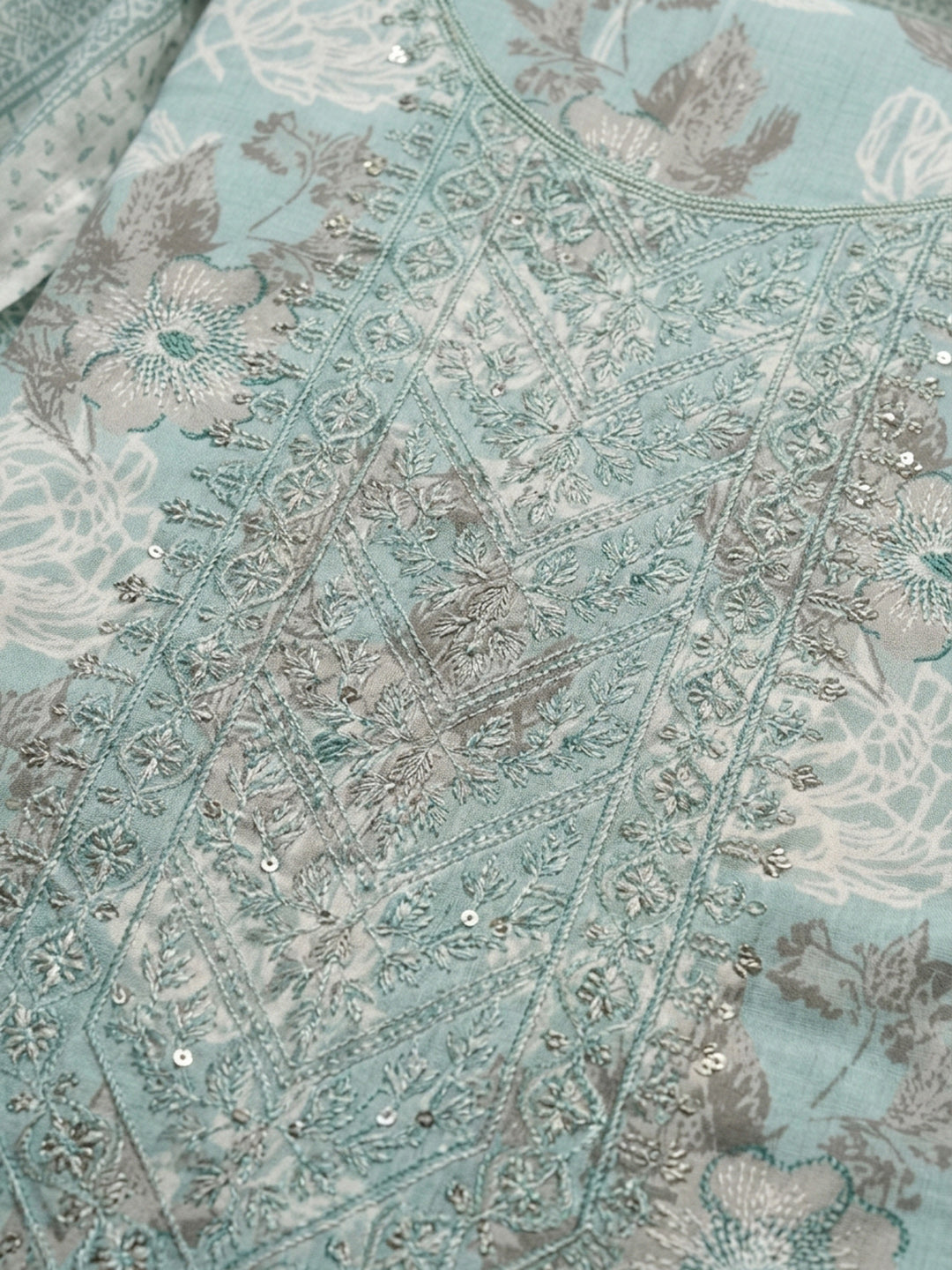 Sea Green Printed Cotton Blend Unstitched Suit With Pant &amp; Dupatta