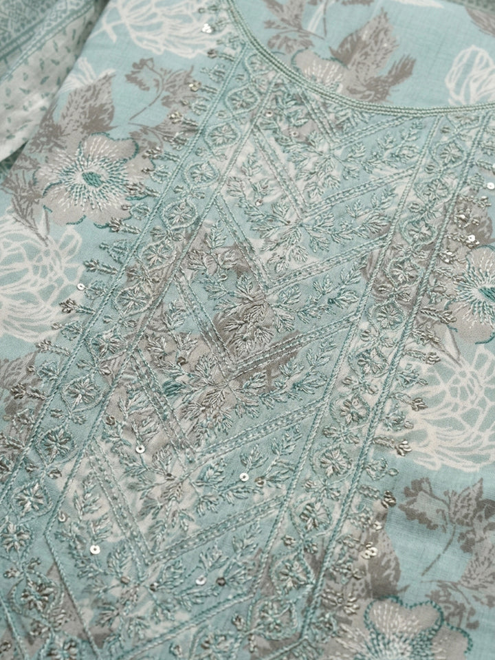Sea Green Printed Cotton Blend Unstitched Suit With Pant &amp; Dupatta