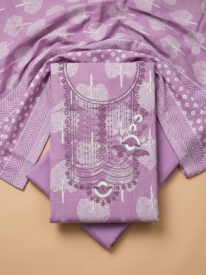 Lavender Embroidered Cotton Blend Unstitched Suit With Pant &amp; Dupatta