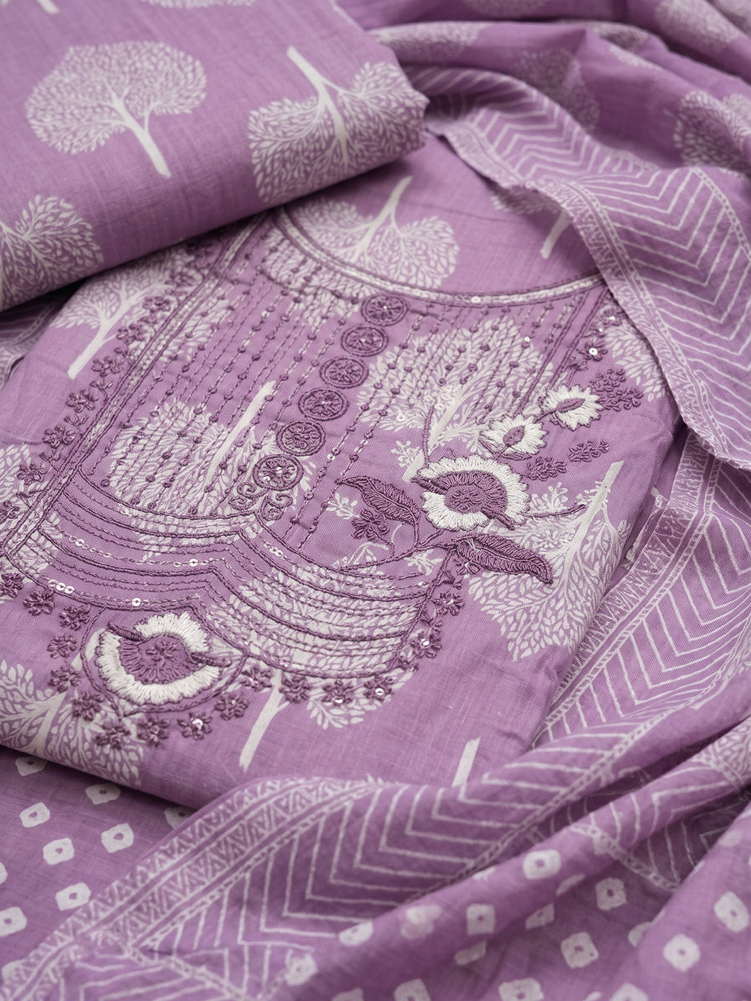 Lavender Embroidered Cotton Blend Unstitched Suit With Pant &amp; Dupatta