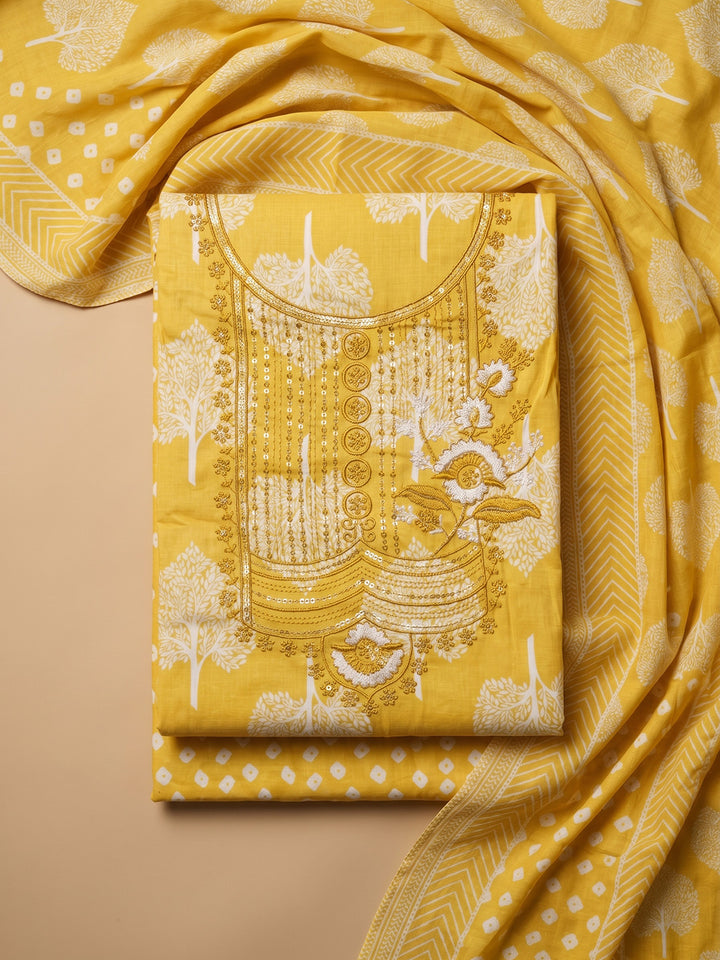 Mustard Embroidered Cotton Blend Unstitched Suit With Pant &amp; Dupatta