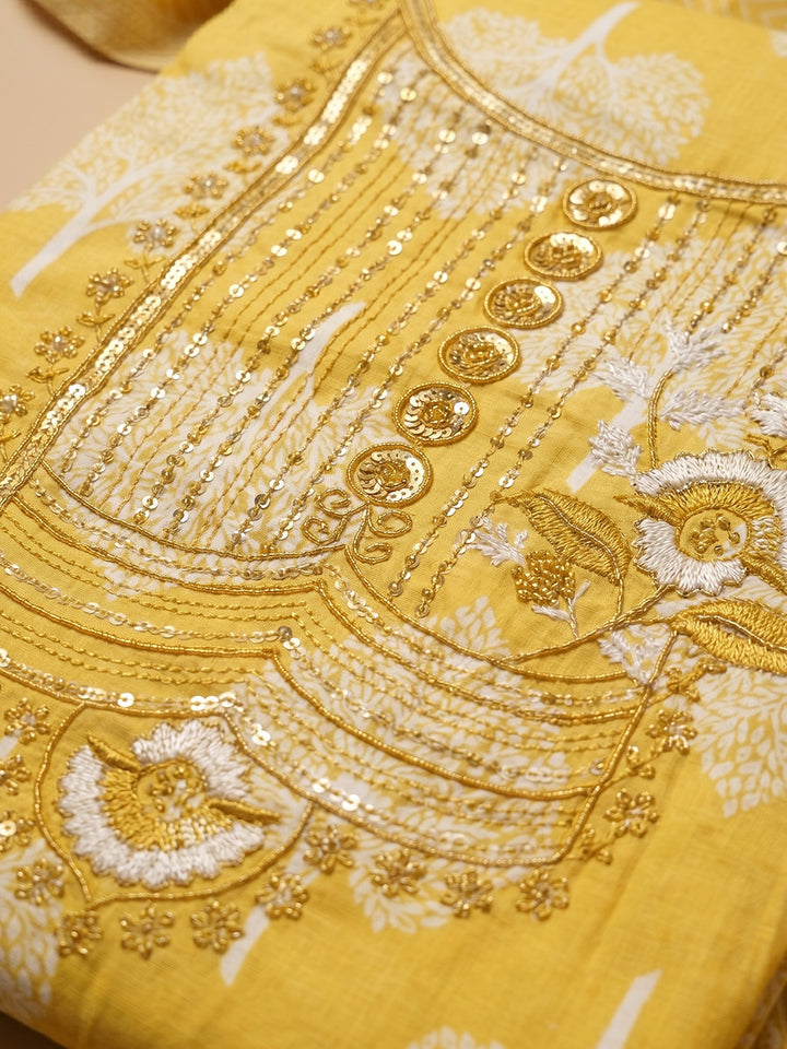 Mustard Embroidered Cotton Blend Unstitched Suit With Pant &amp; Dupatta