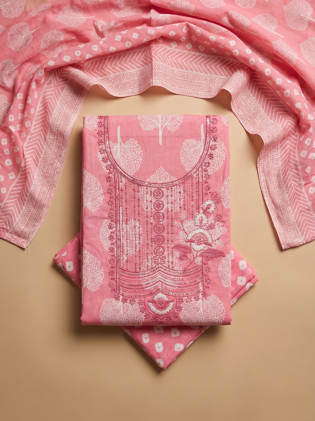 Pink Embroidered Cotton Blend Unstitched Suit With Pant &amp; Dupatta
