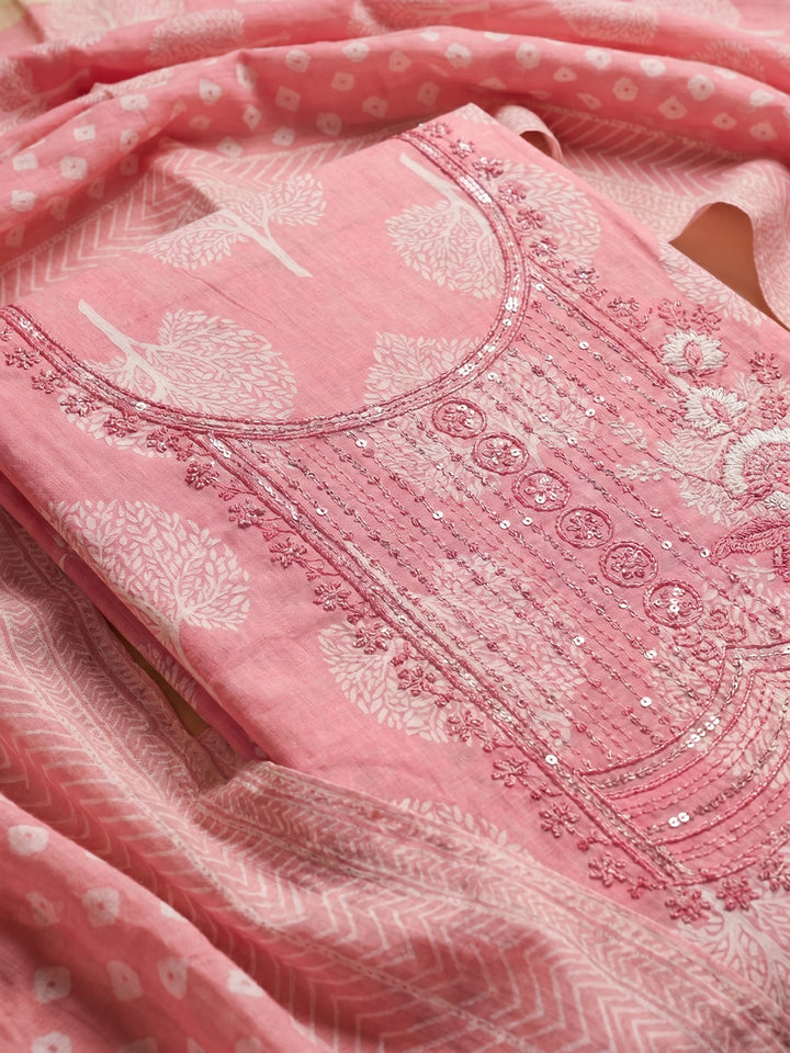 Pink Embroidered Cotton Blend Unstitched Suit With Pant &amp; Dupatta