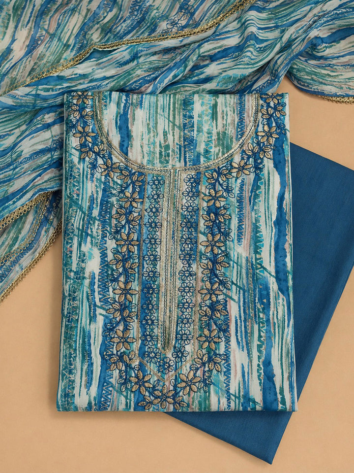 Blue Embroidered Cotton Blend Unstitched Suit &amp; Pant With Cotton Dupatta