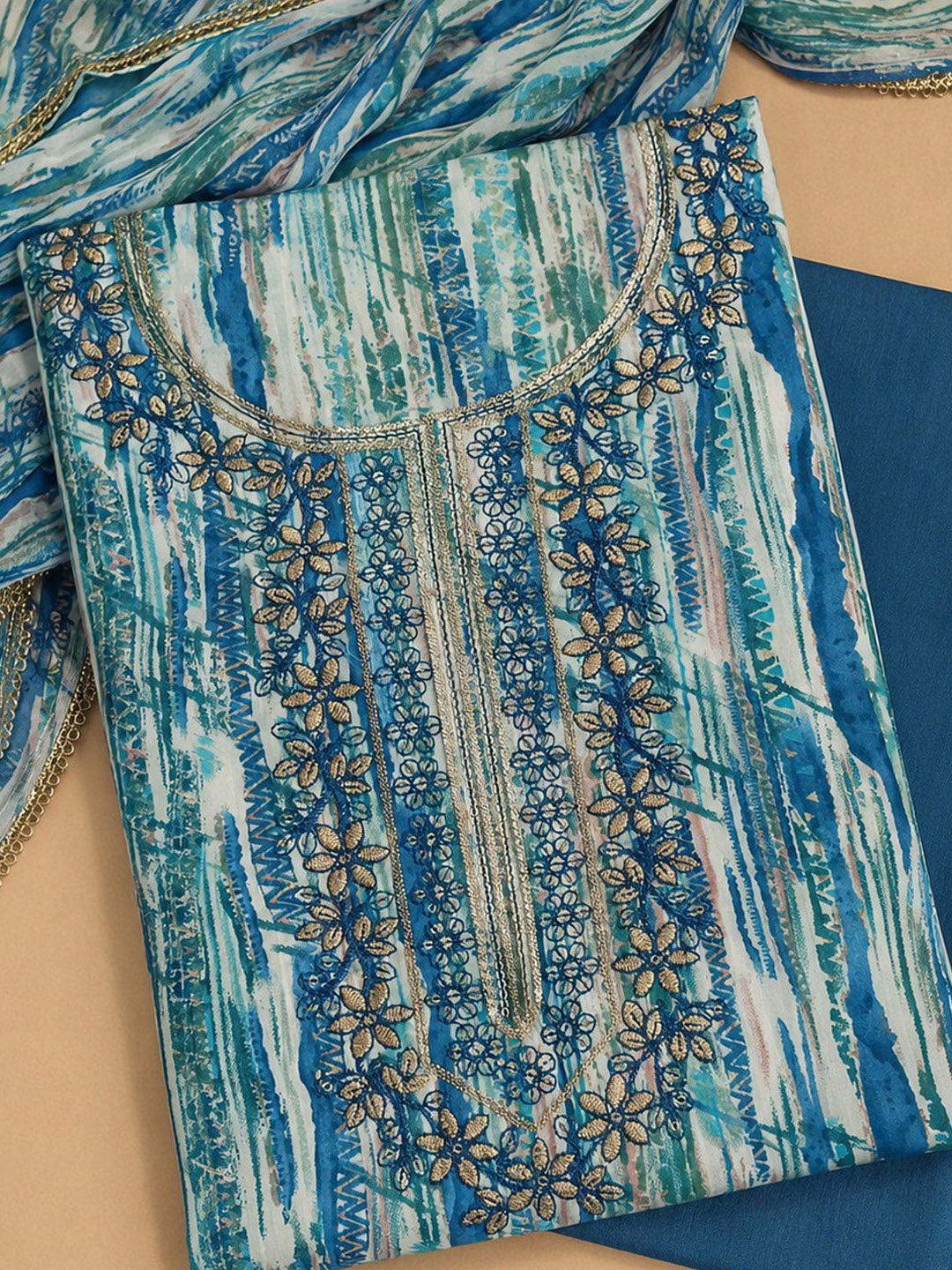 Blue Embroidered Cotton Blend Unstitched Suit &amp; Pant With Cotton Dupatta