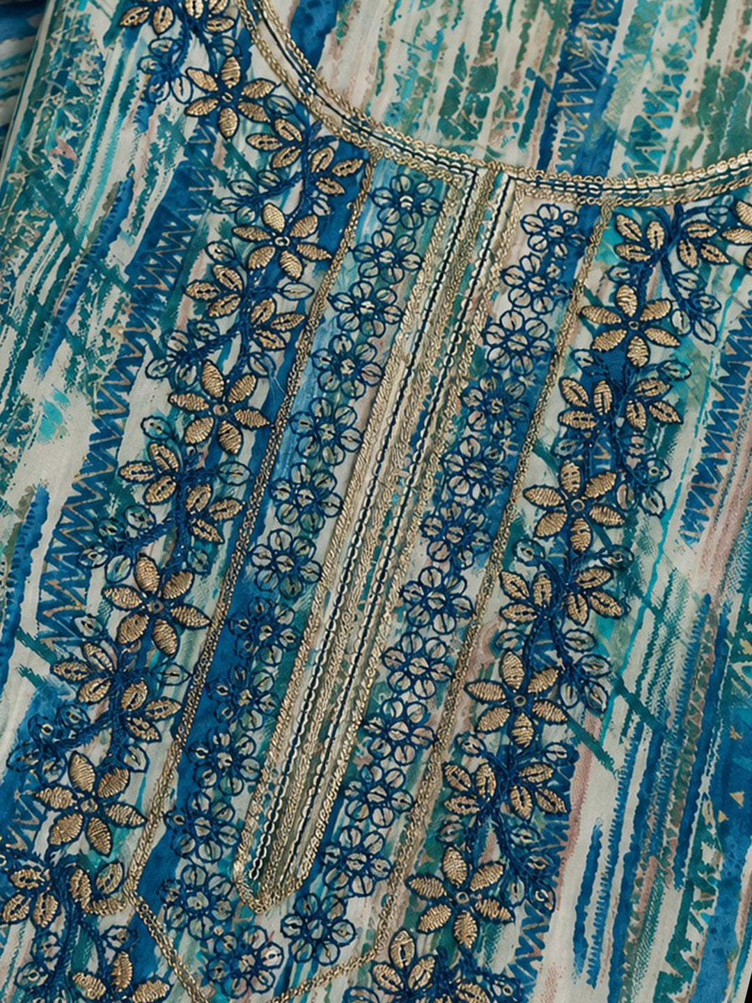 Blue Embroidered Cotton Blend Unstitched Suit &amp; Pant With Cotton Dupatta