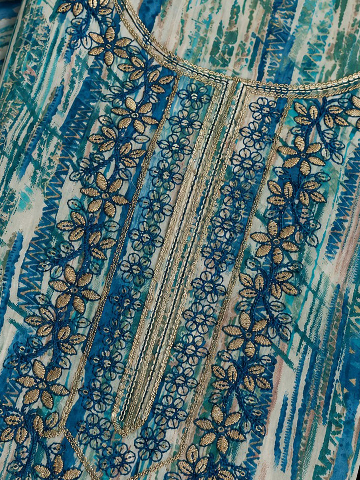 Blue Embroidered Cotton Blend Unstitched Suit &amp; Pant With Cotton Dupatta